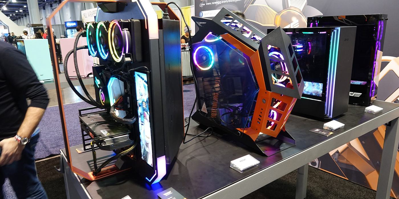 Gaming desktop PCs with RGB lighting.