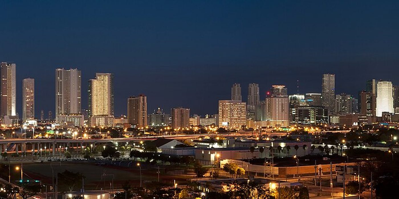 The real Miami skyline at night — the city GTA 6's Vice City is modelled on.